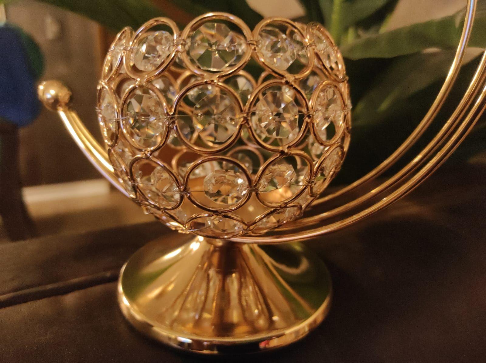 Hermoso Porta Vela Metal Dorado Con Simil Brillantes 23x20cm-5