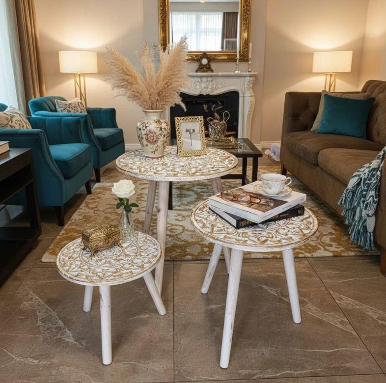 Set 3 Mesas De Centro Estilo Rococo Dorado/blanco-2