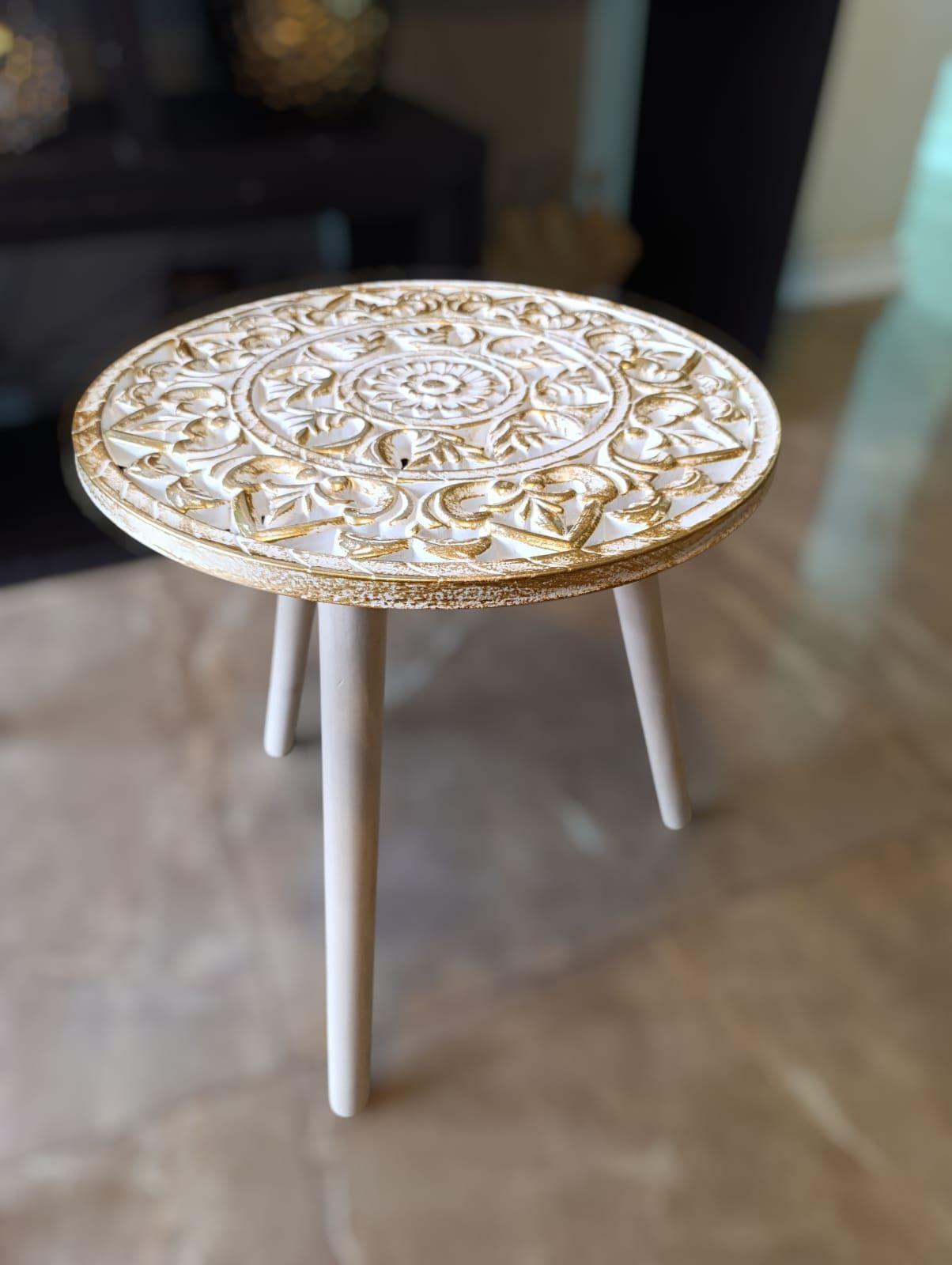 Set 3 Mesas De Centro Estilo Rococo Dorado/blanco-3
