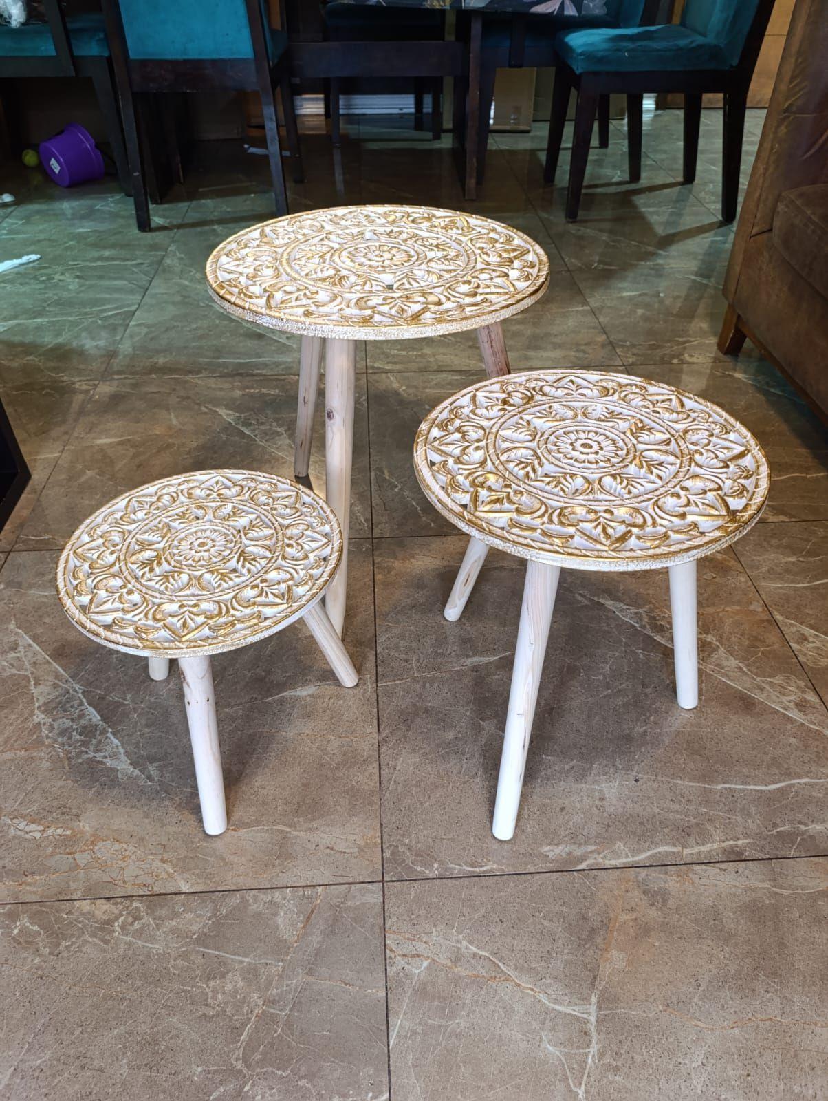 Set 3 Mesas De Centro Estilo Rococo Dorado/blanco-4