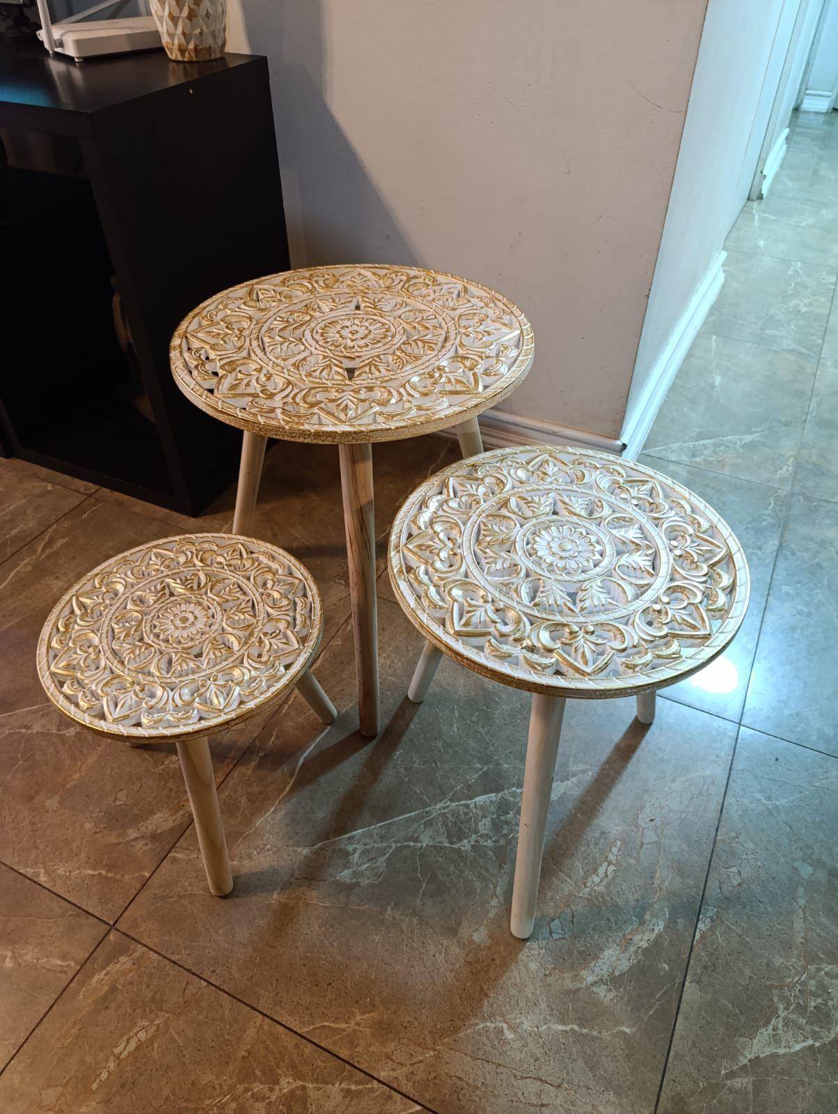 Set 3 Mesas De Centro Estilo Rococo Dorado/blanco-5