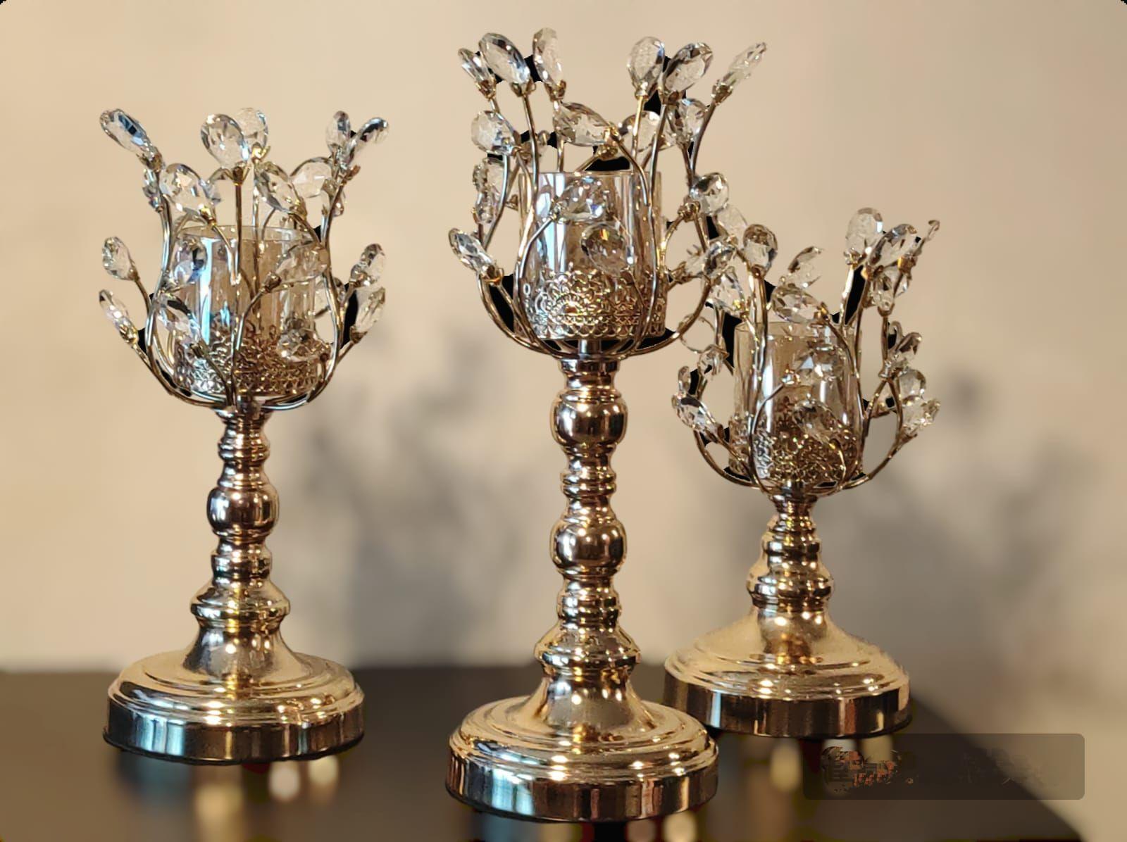Set de 3 Candelabros Metal/Vidrio, Diseño Golden Metal Tree-7