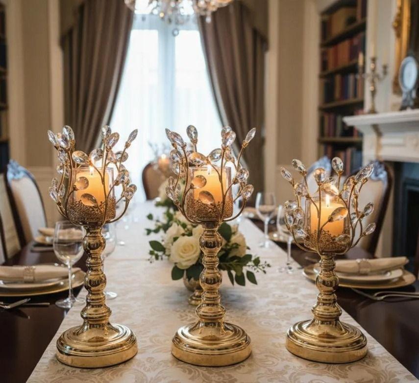 Set de 3 Candelabros Metal/Vidrio, Diseño Golden Metal Tree-2