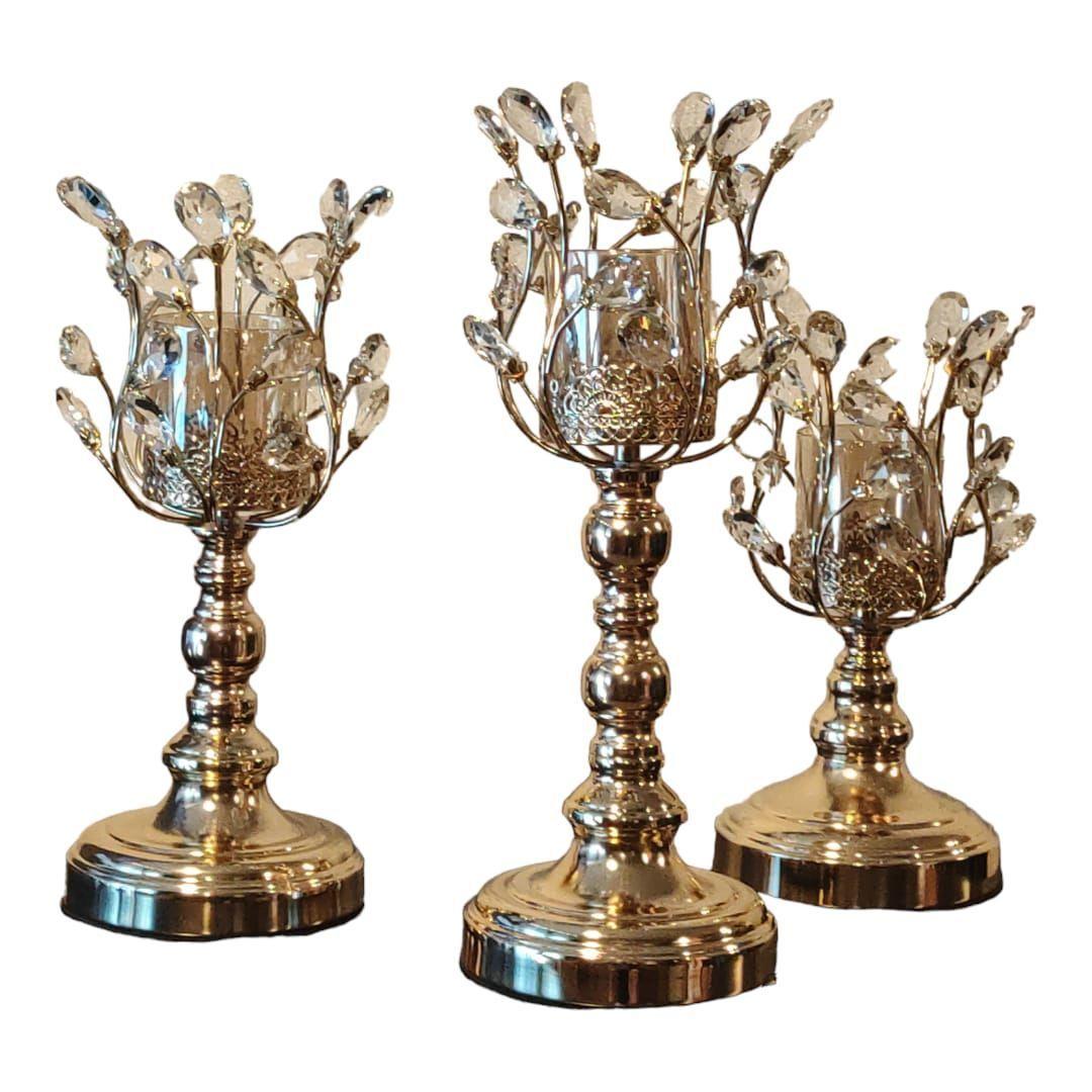 Set de 3 Candelabros Metal/Vidrio, Diseño Golden Metal Tree-5