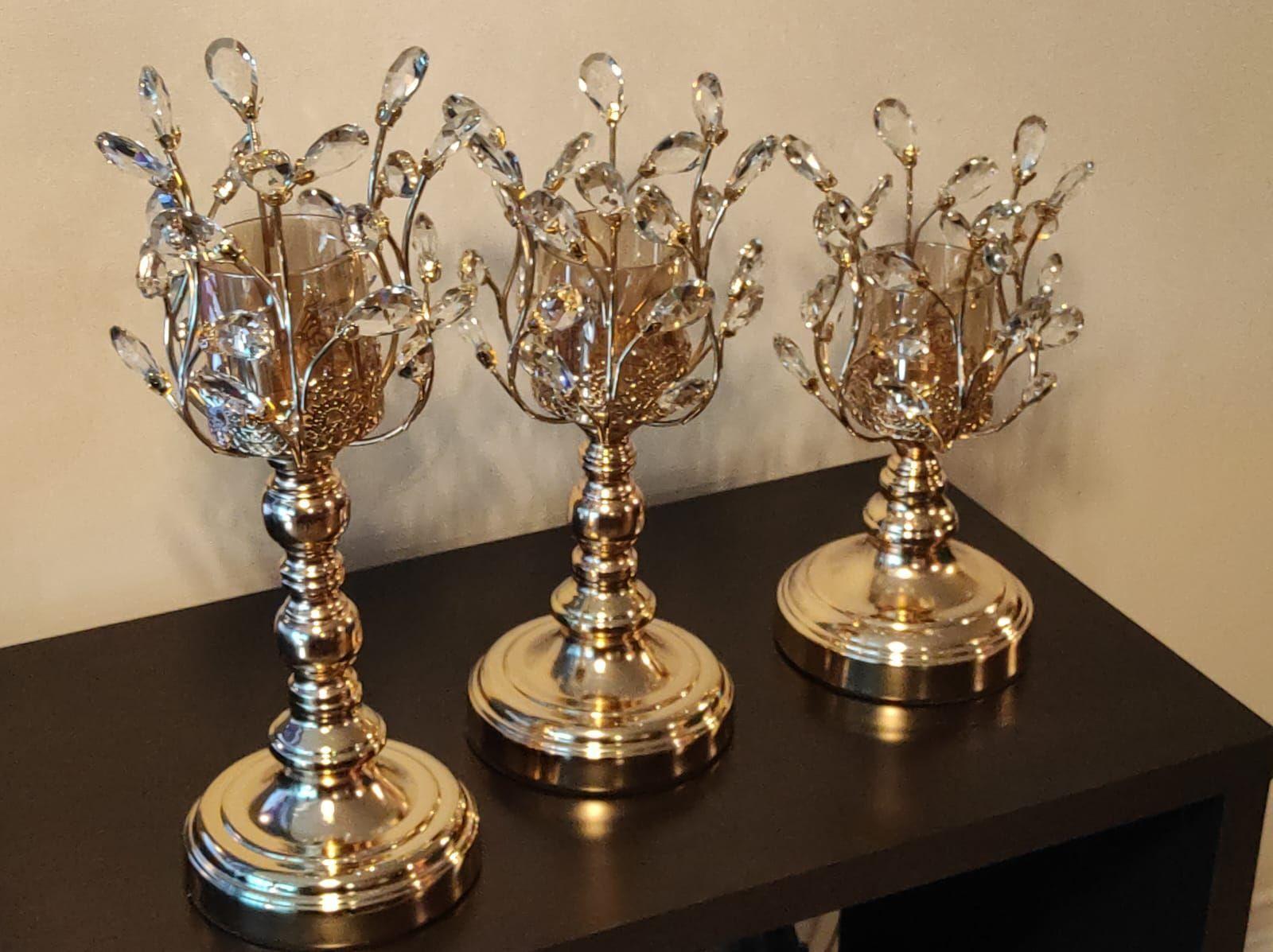 Set de 3 Candelabros Metal/Vidrio, Diseño Golden Metal Tree-6