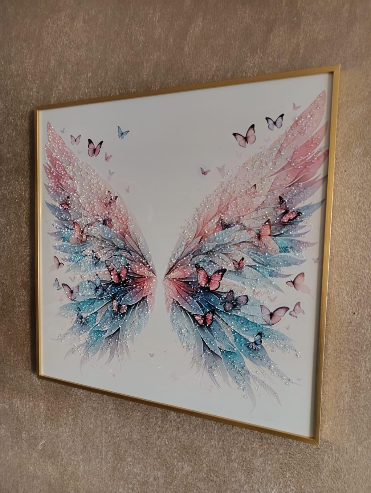 Cuadro Alas De Mariposas Multicolor, Marco Dorado Estilo Diseño Diamante, 60x60x3 Cm-4