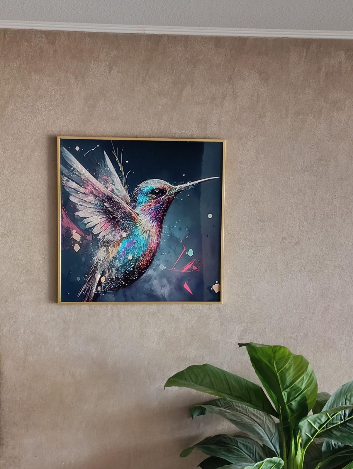 Cuadro Picaflor Multicolor Diseño Estilo Diamante, Marco Dorado 60x60x3cm-0