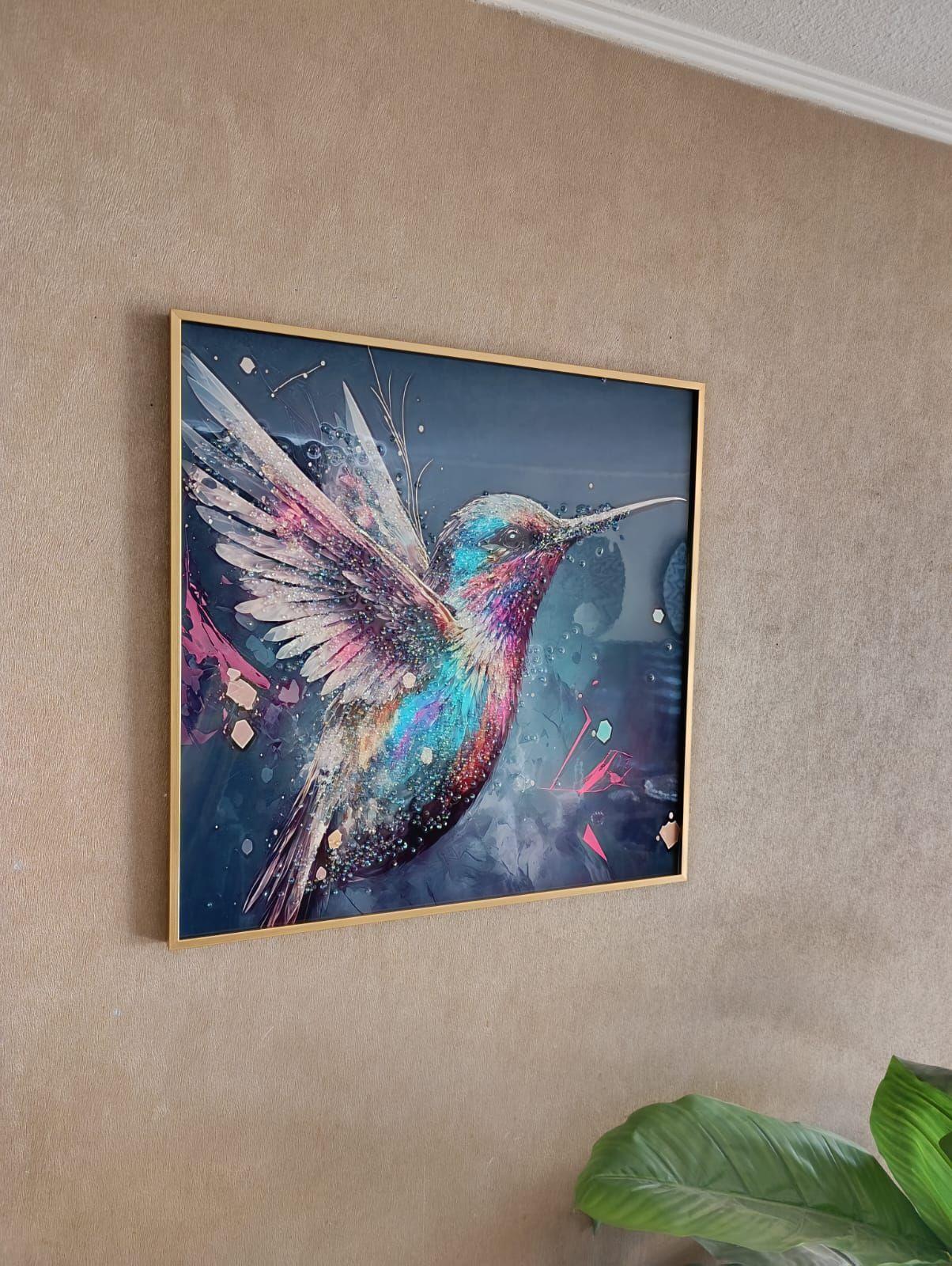 Cuadro Picaflor Multicolor Diseño Estilo Diamante, Marco Dorado 60x60x3cm-1