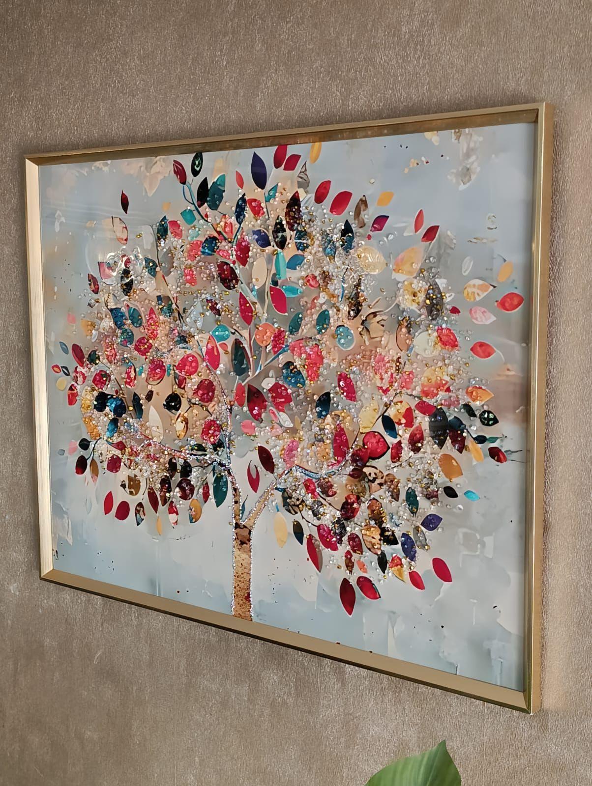 Cuadro Árbol De La Vida, Multicolor, Marco Dorado 90x70x3cm-1