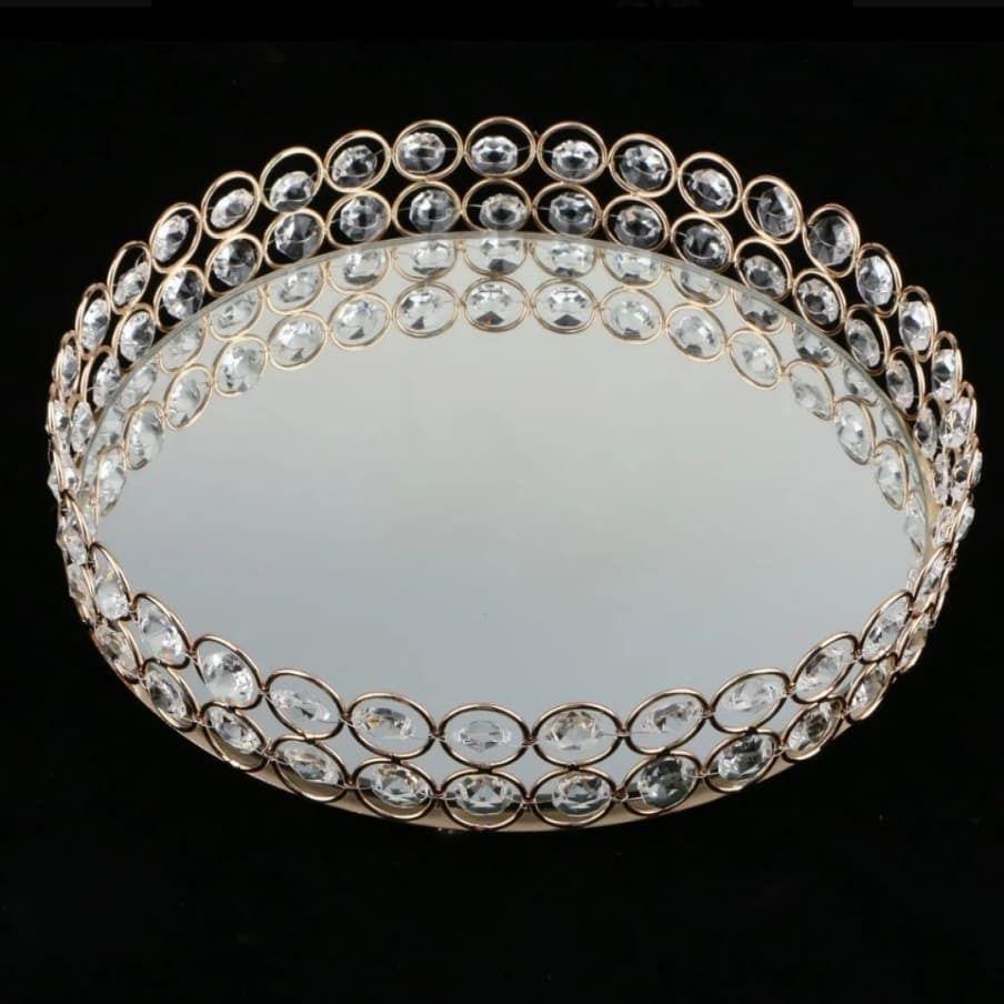 Hermosa Bandeja Metal Dorado Con Espejo 30cm Diámetro-2