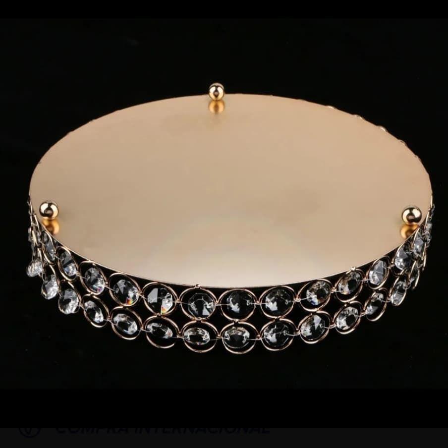 Hermosa Bandeja Metal Dorado Con Espejo 30cm Diámetro-3