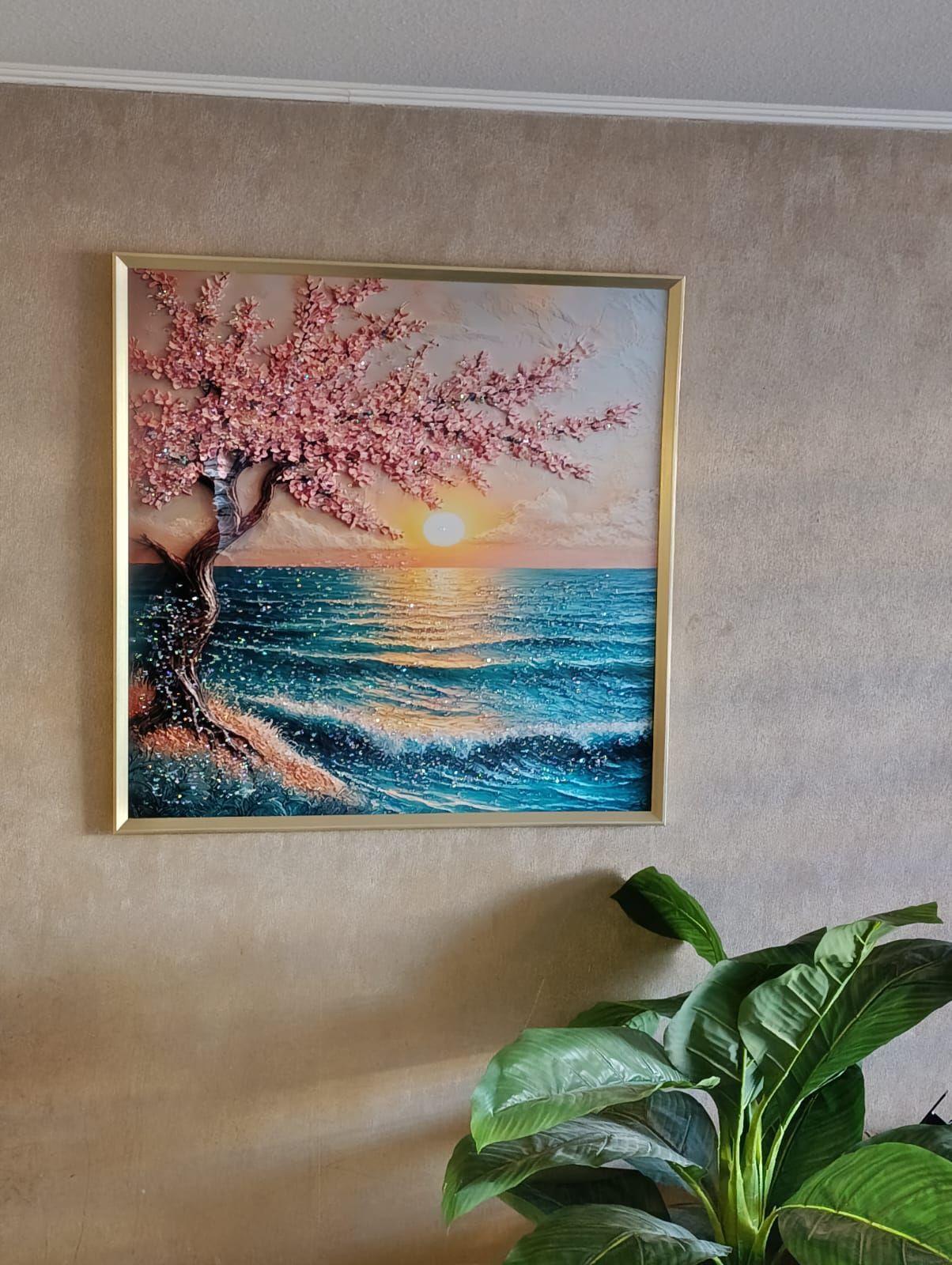 Cuadro Árbol Atardecer Mar, Multicolor, Marco Dord 80x80x3cm-2