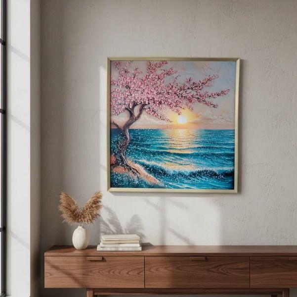 Cuadro Árbol Atardecer Mar, Multicolor, Marco Dord 80x80x3cm-3