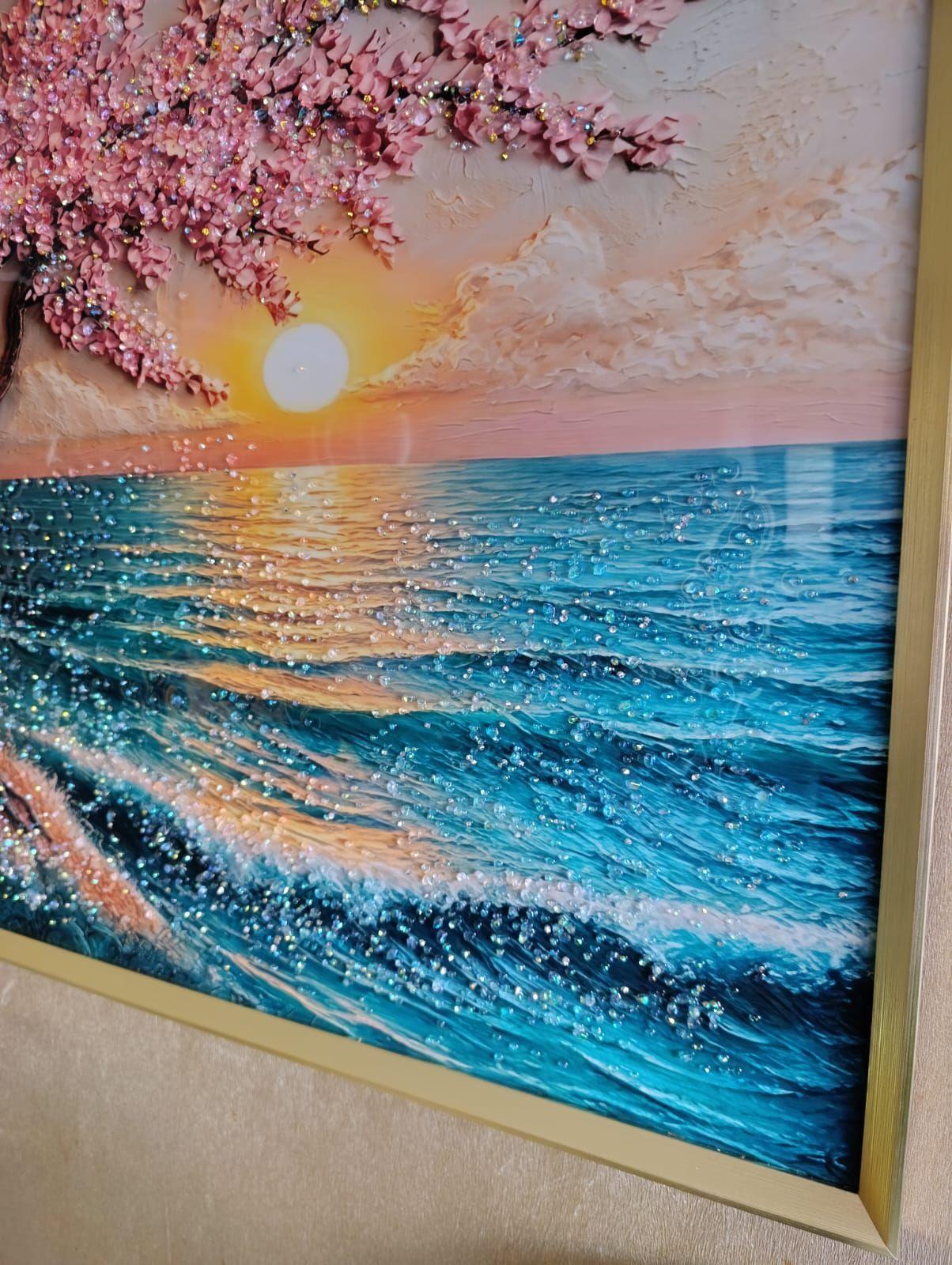 Cuadro Árbol Atardecer Mar, Multicolor, Marco Dord 80x80x3cm-4