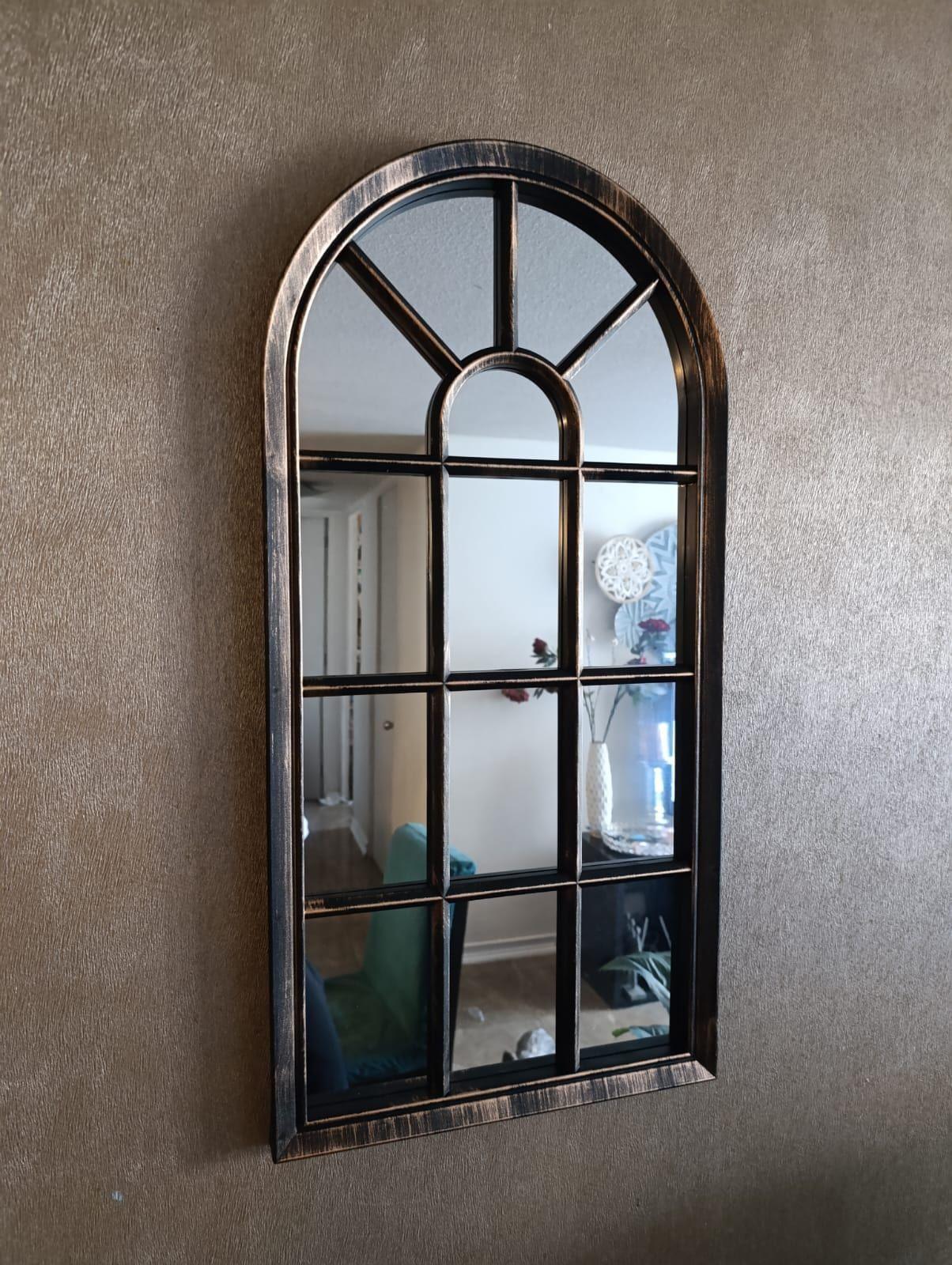 Espejo Forma Ventana Marco Negro Con Envejecido Dorado 70x35-3