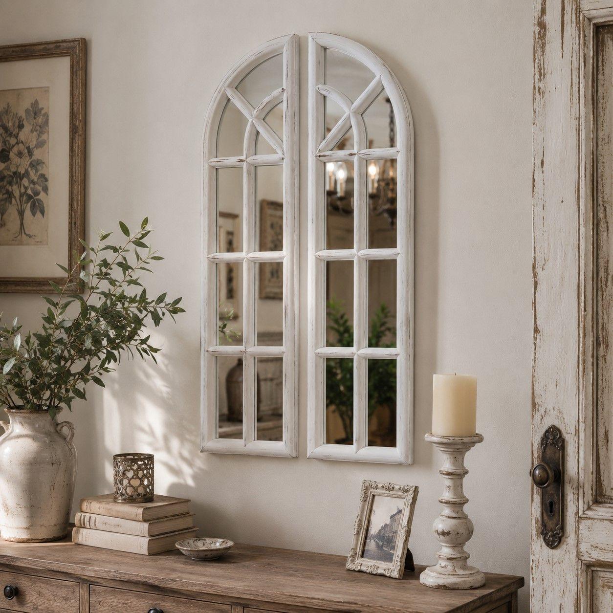 Espejo Ventana, Blanco Invierno, Envejecido Diptico 81x40 Cm-2