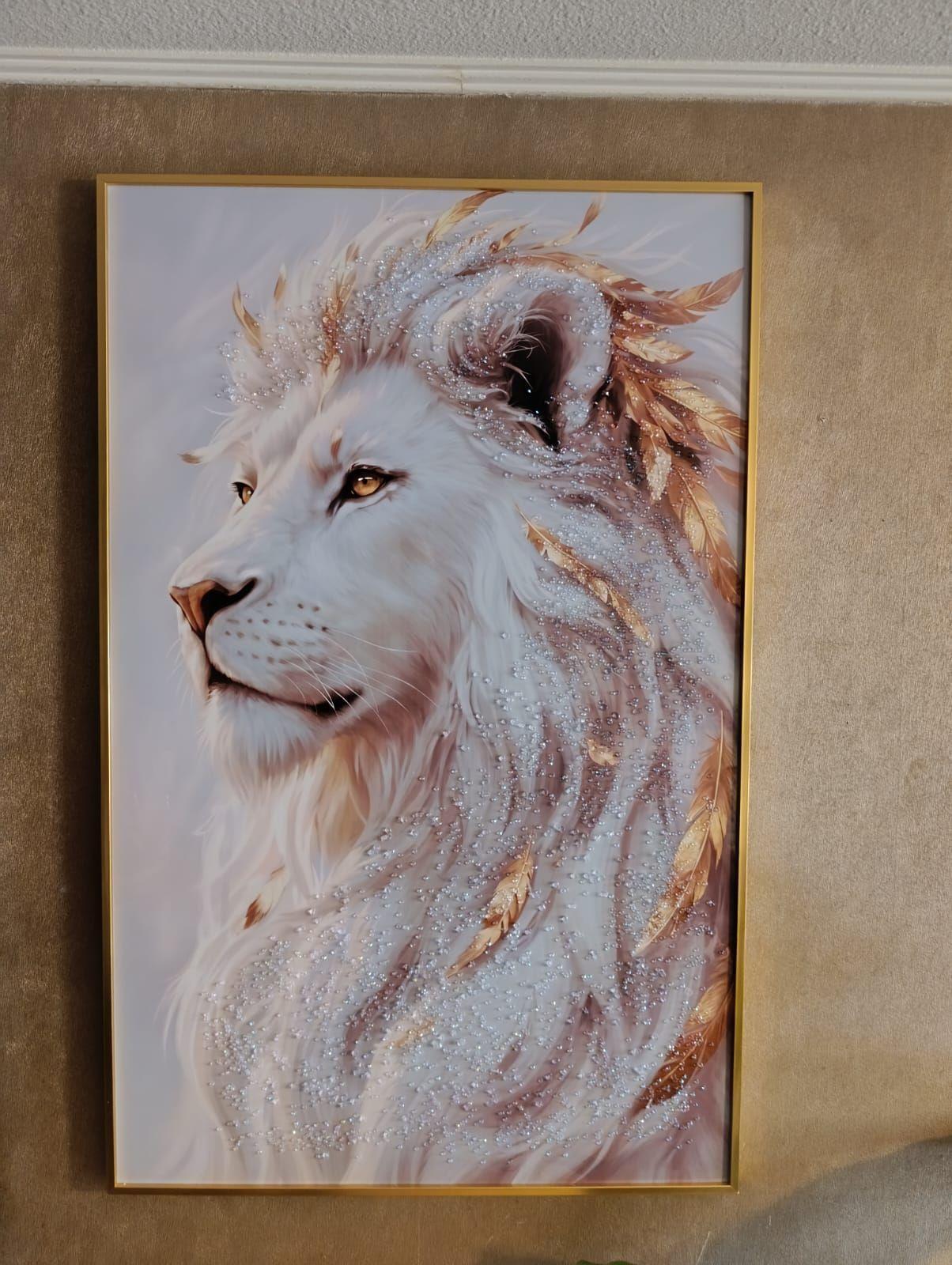 Cuadro Leon Blanco Marco Dorado Diamond 110x70x3cm-3