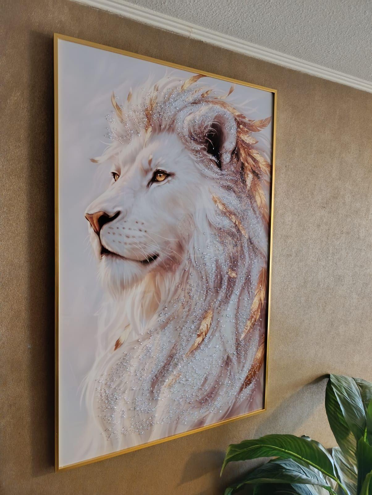 Cuadro Leon Blanco Marco Dorado Diamond 110x70x3cm-4