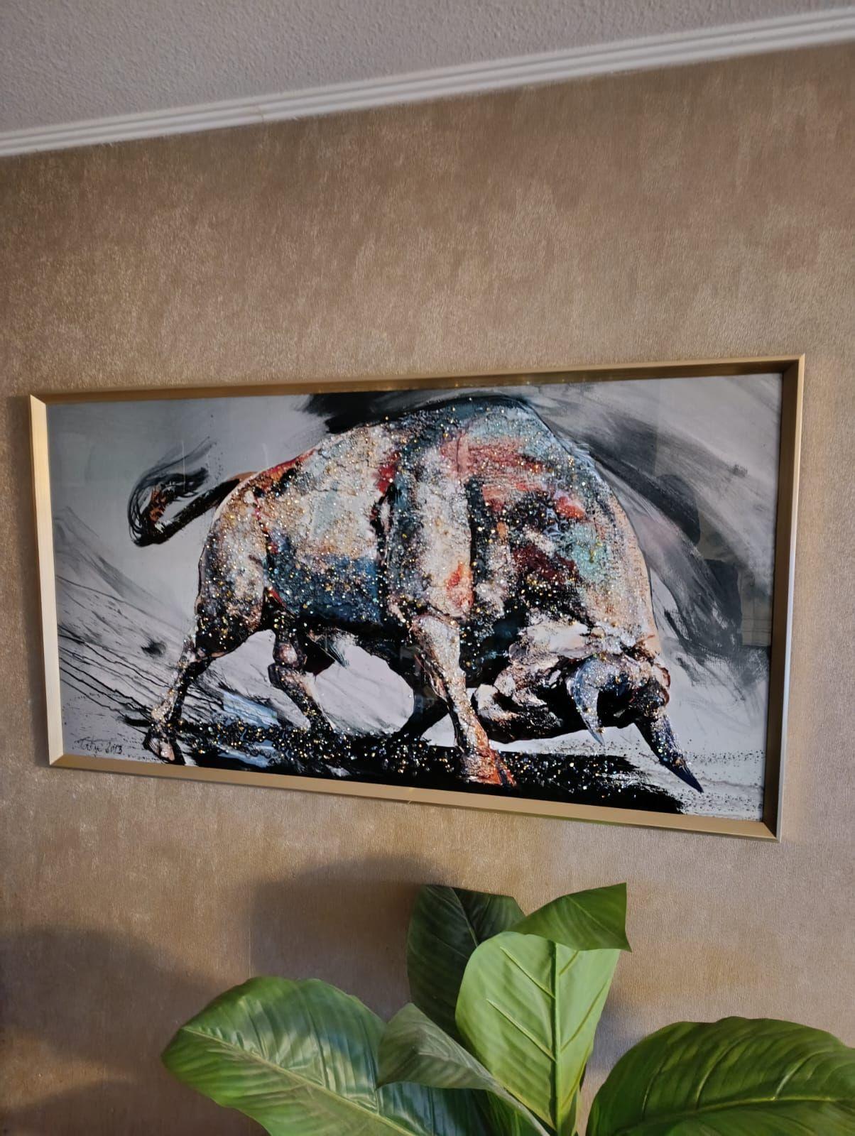 Cuadro Toro, Pintura Estilo Diamante, Marco Dorado60x110 Cm-0