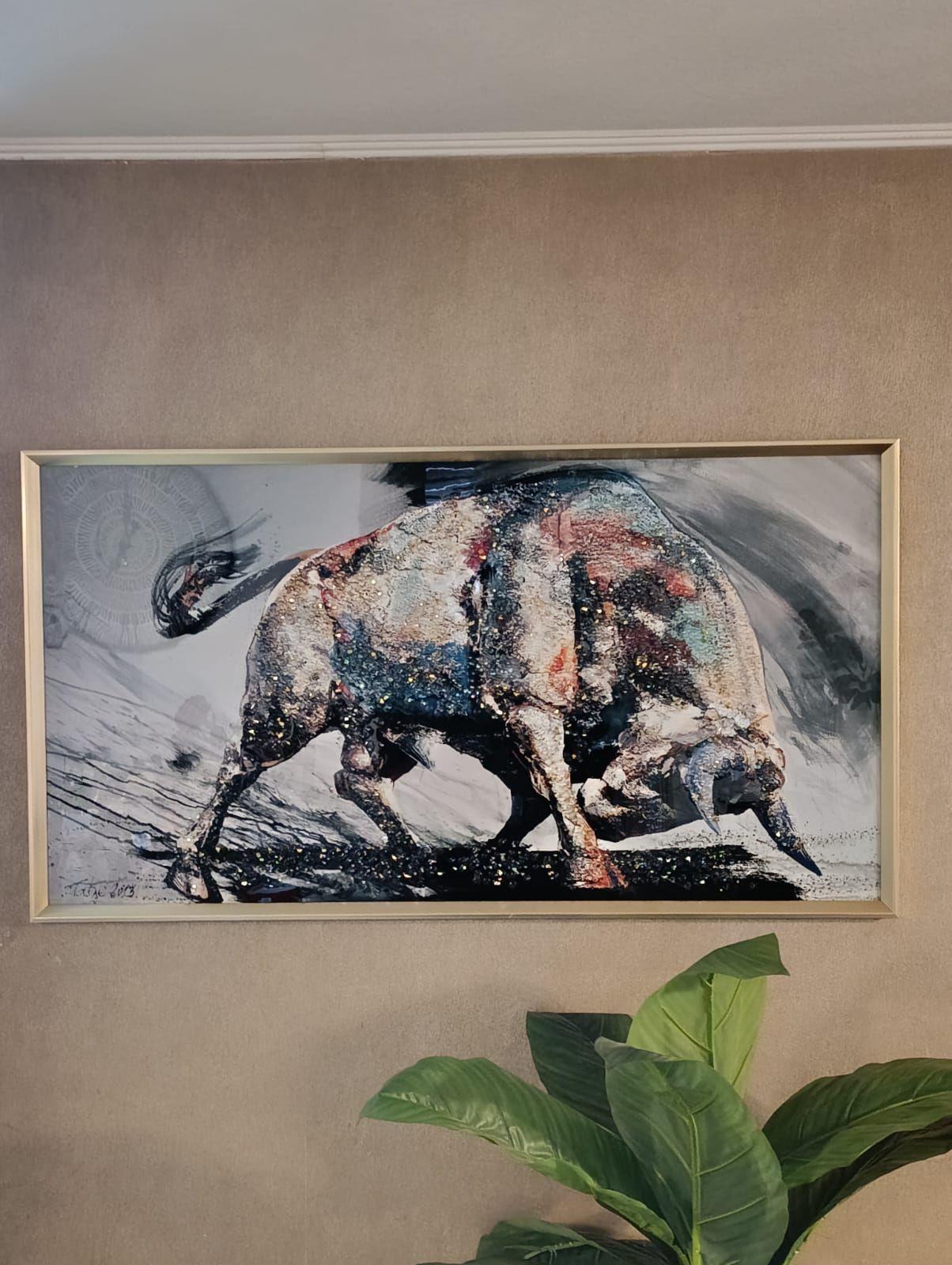 Cuadro Toro, Pintura Estilo Diamante, Marco Dorado60x110 Cm-2