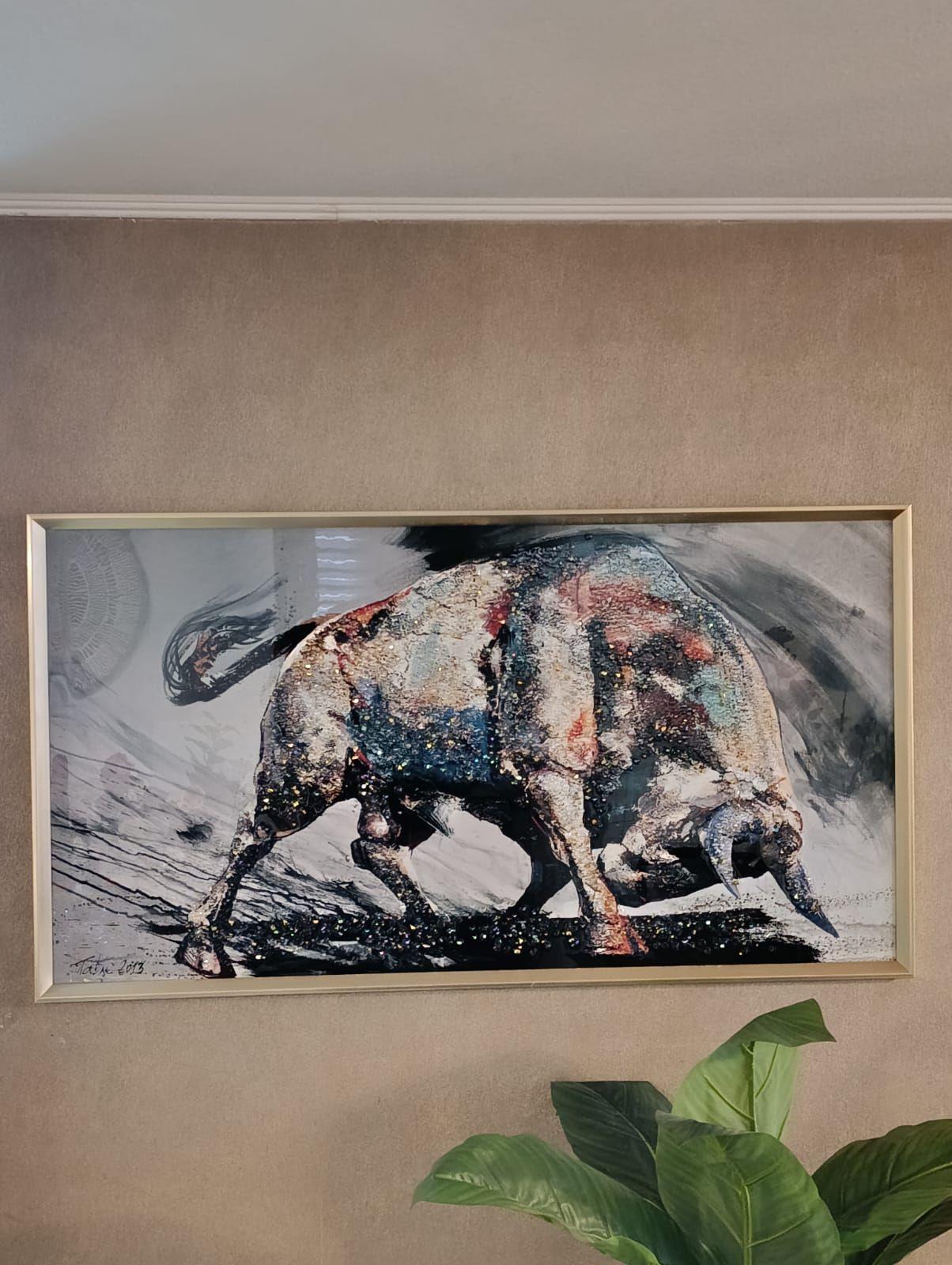 Cuadro Toro, Pintura Estilo Diamante, Marco Dorado60x110 Cm-4