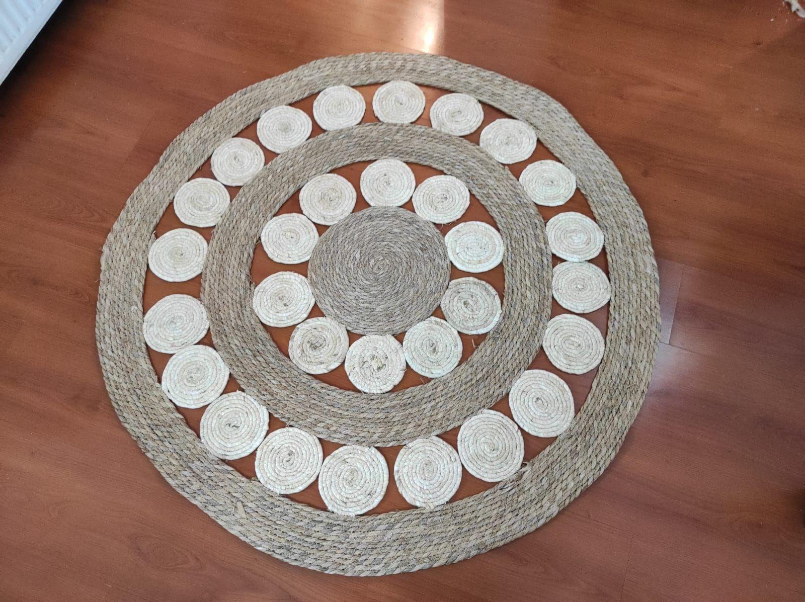 Hermosa Alfombra De Yute Bicolor Circulos 120 Cm Diametro-4