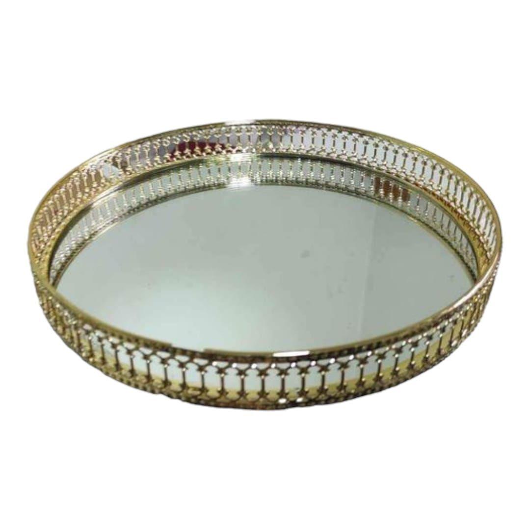 Bandeja Metalica Color Dorado Con Base De Espejo 25 Cm-0