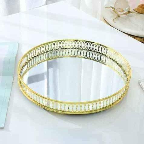 Bandeja Metalica Color Dorado Con Base De Espejo 25 Cm-1