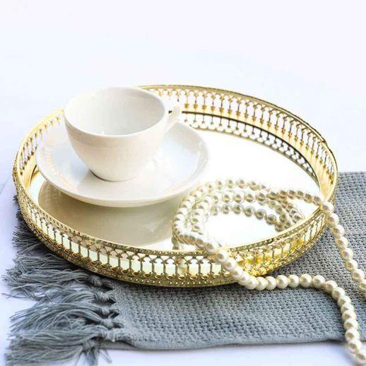 Bandeja Metalica Color Dorado Con Base De Espejo 25 Cm-4