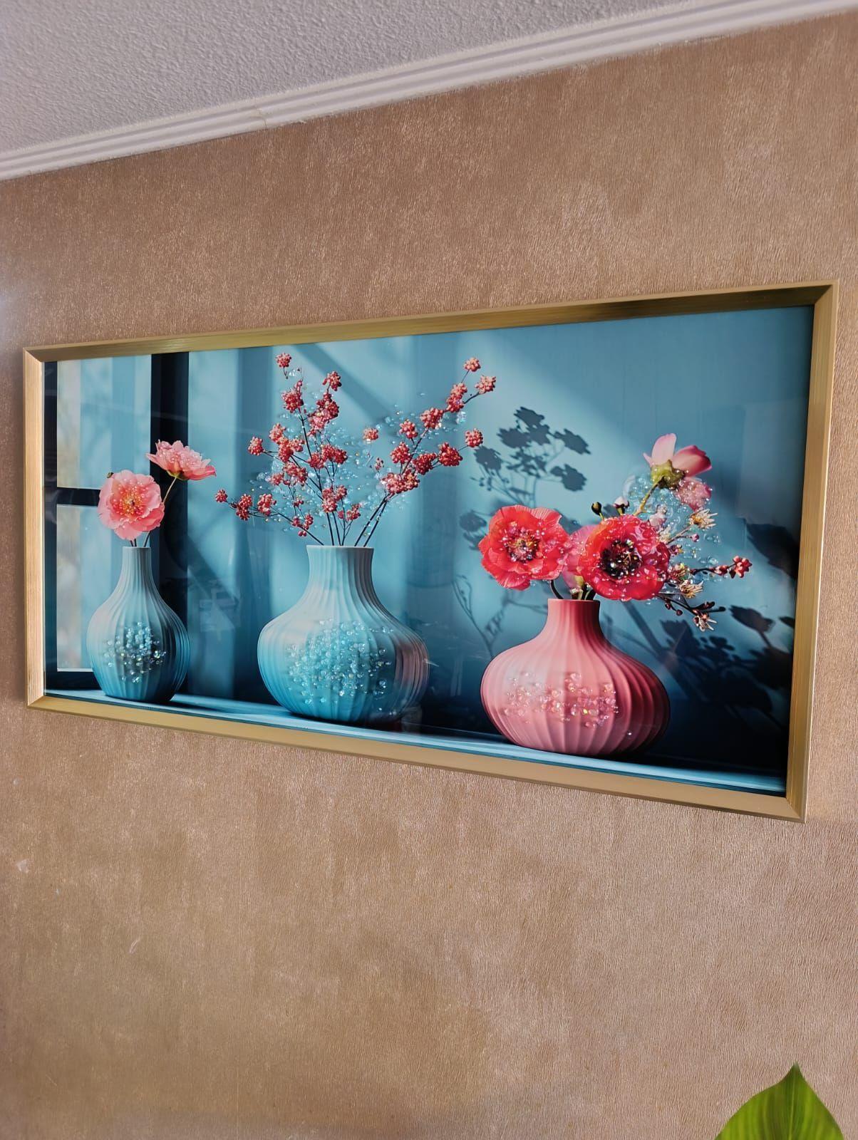 Cuadro Macetas Multicolor, Pintura Diamond, Marco Dorado 100x50x3cm-2