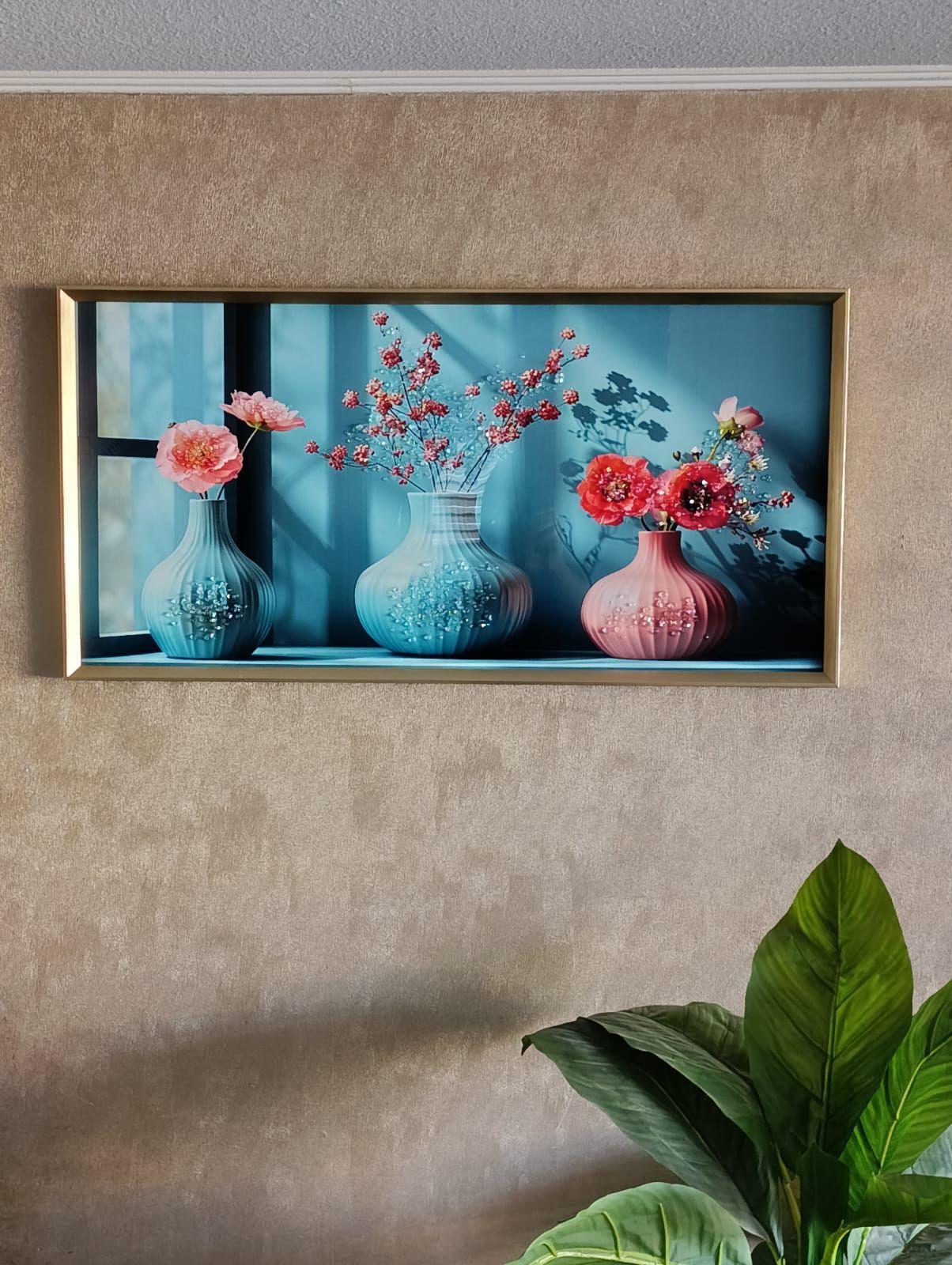 Cuadro Macetas Multicolor, Pintura Diamond, Marco Dorado 100x50x3cm-3