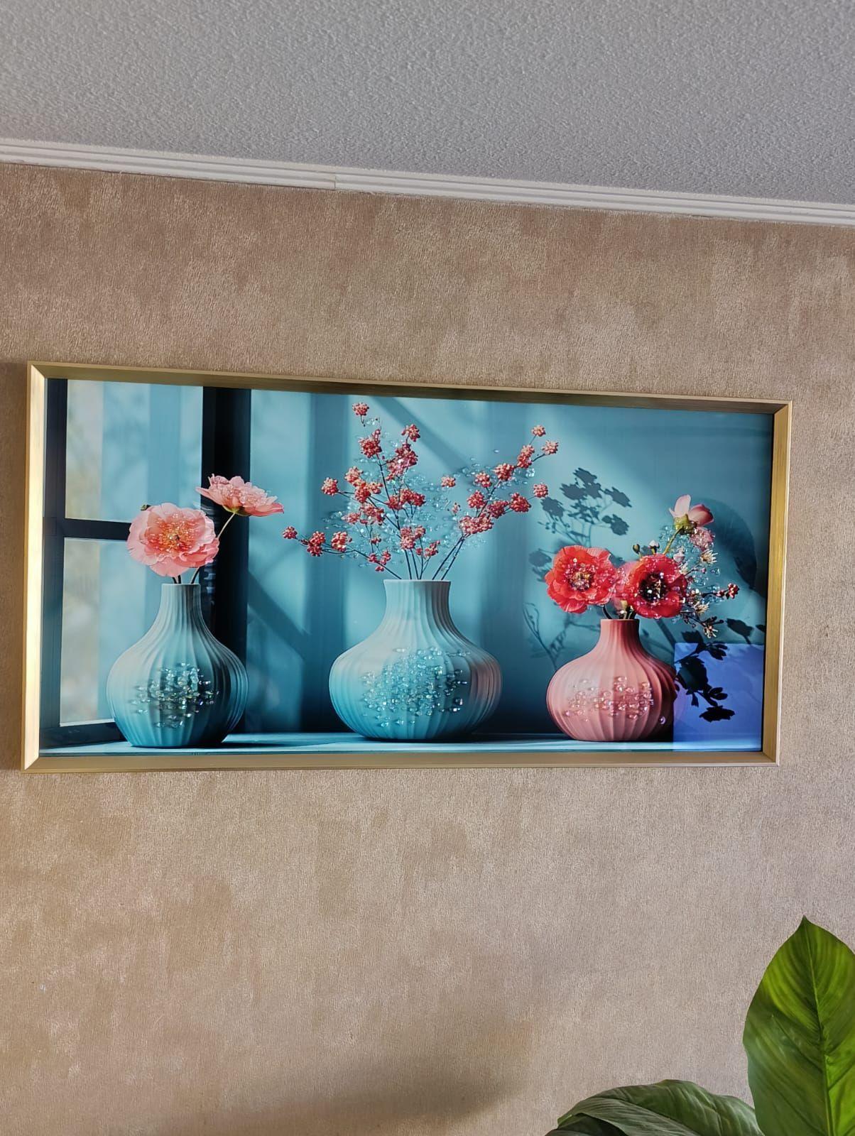 Cuadro Macetas Multicolor, Pintura Diamond, Marco Dorado 100x50x3cm-4