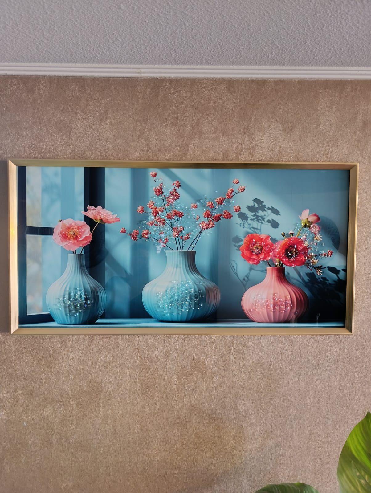 Cuadro Macetas Multicolor, Pintura Diamond, Marco Dorado 100x50x3cm-5