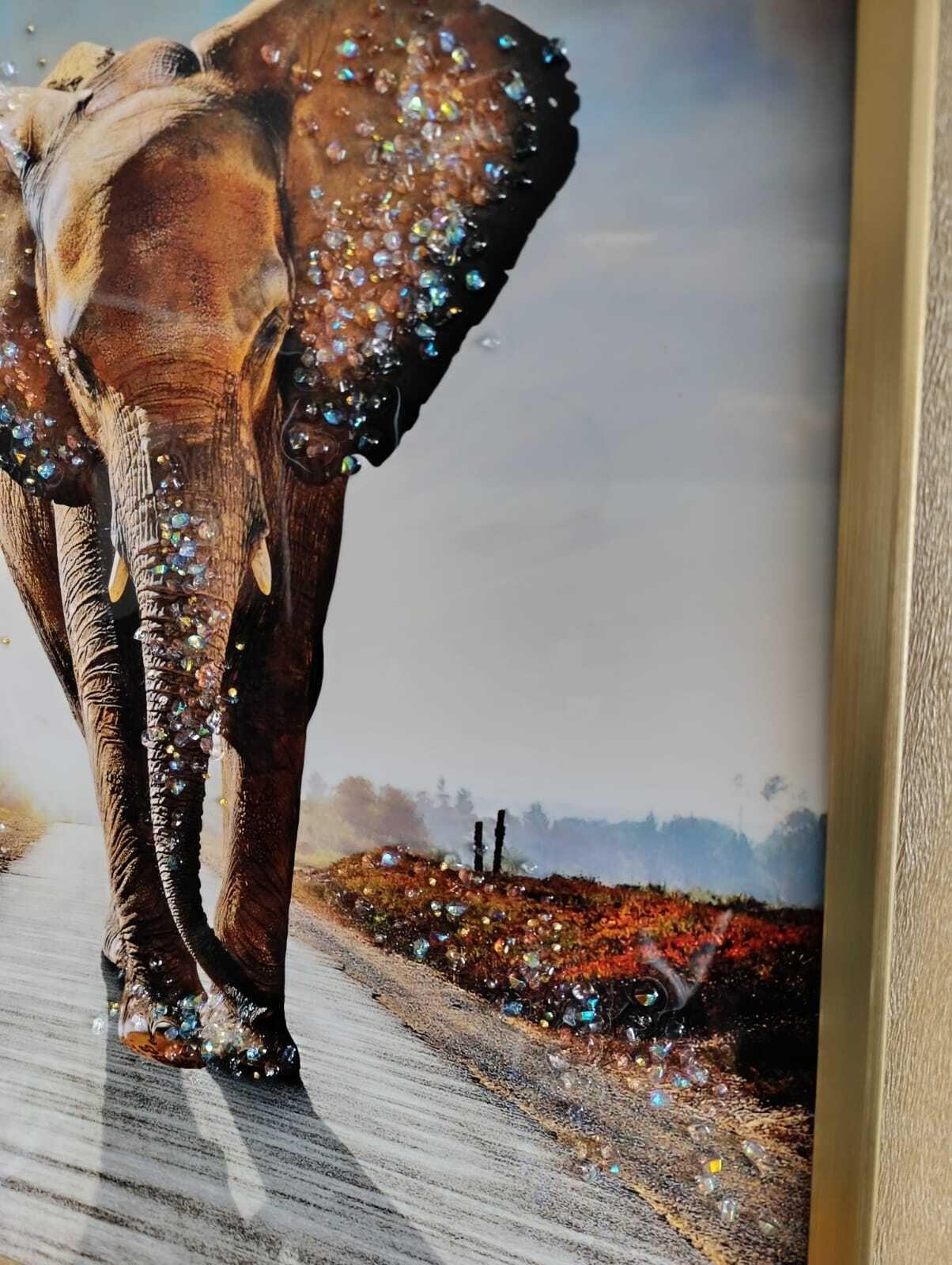 Cuadro Elefante Camino, Pintura diamante, Marco Dorado81x61cm-2