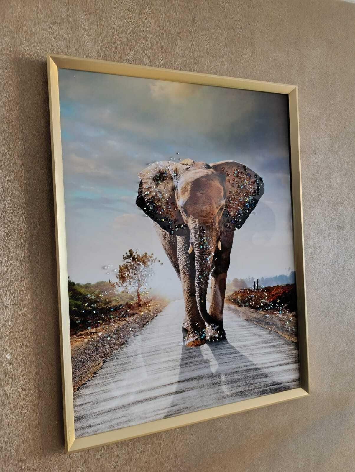 Cuadro Elefante Camino, Pintura diamante, Marco Dorado81x61cm-3