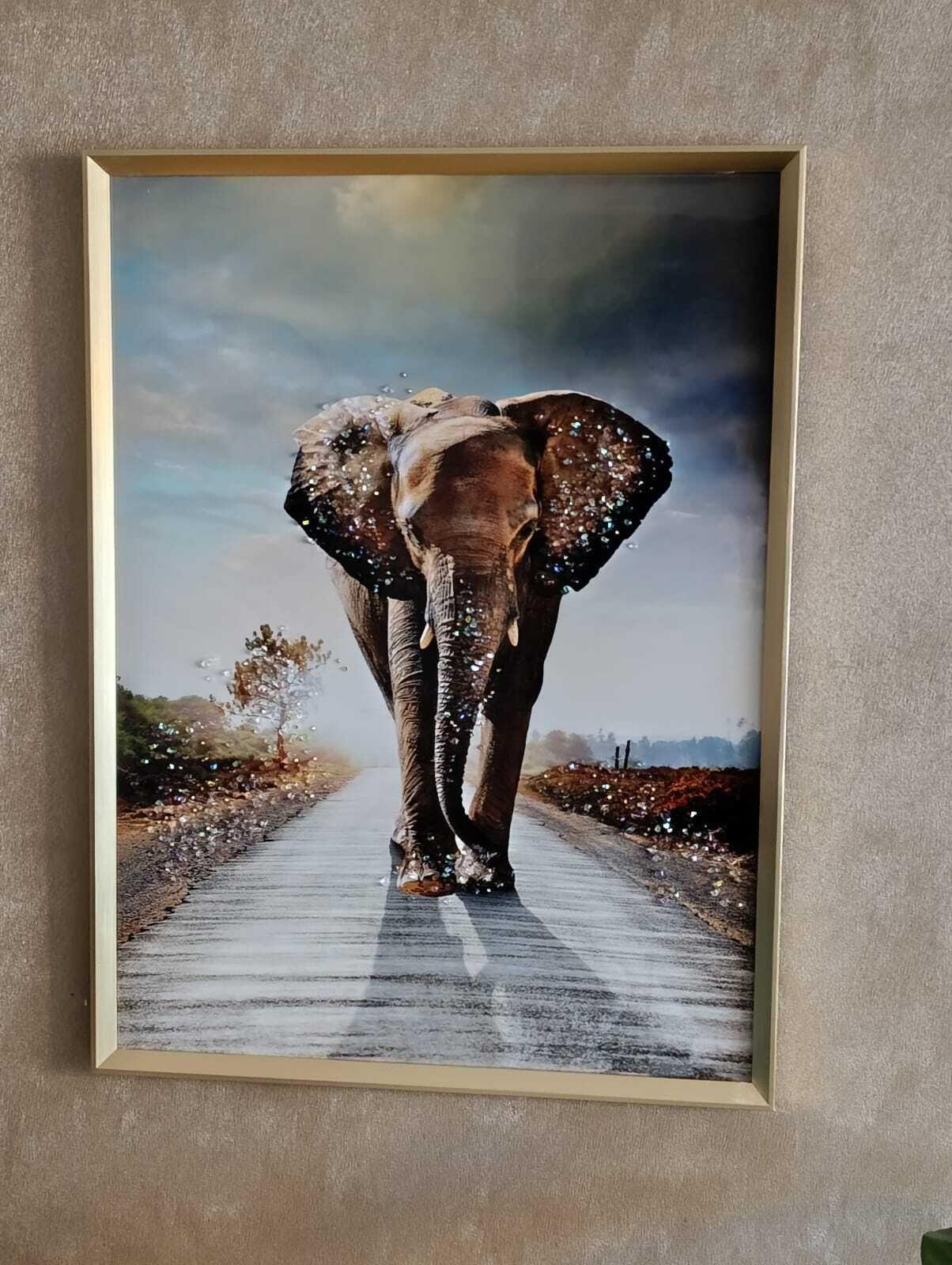 Cuadro Elefante Camino, Pintura diamante, Marco Dorado81x61cm-4