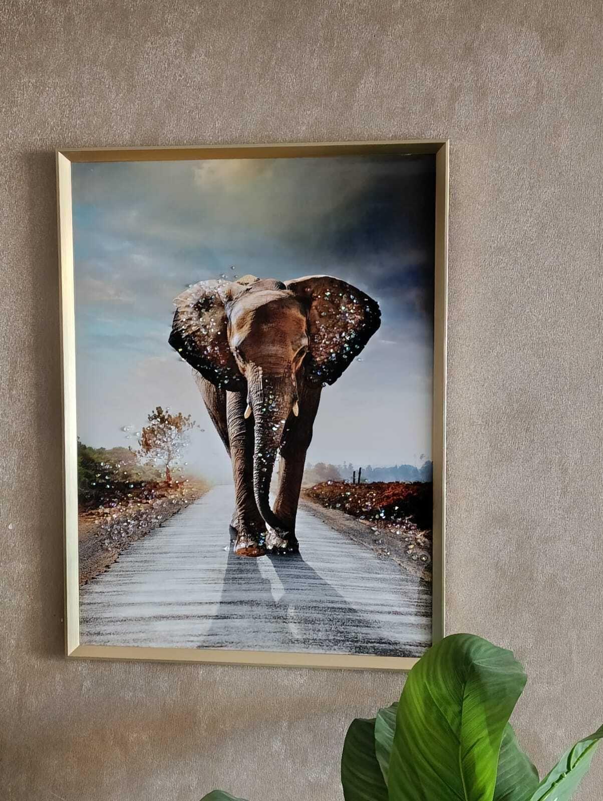Cuadro Elefante Camino, Pintura diamante, Marco Dorado81x61cm-5