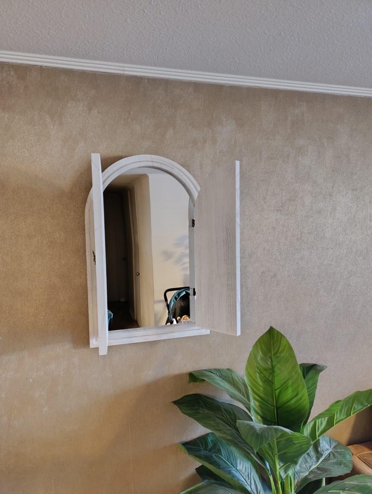 Espejo Madera Blco Invierno Envejecido Forma Ventana Puertas 44x66 Cm-2