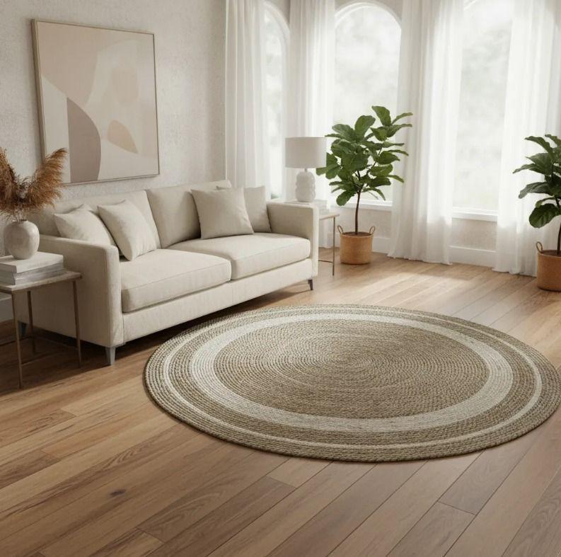 Hermosa Alfombra Yute Circulos Bicolor 120 Cm Diametro-2