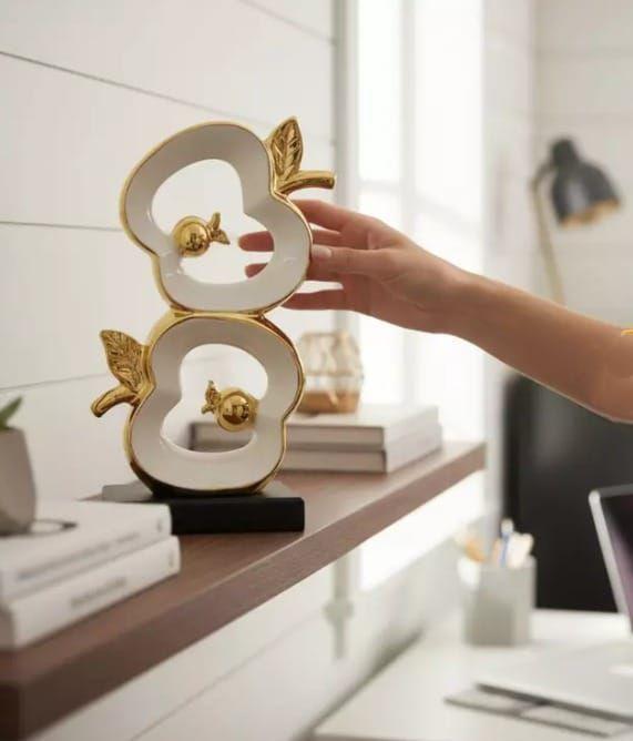 Figura Decorativa Diseños Piña/manzana Cerámica Dorado Y Esmalte Blanco-3