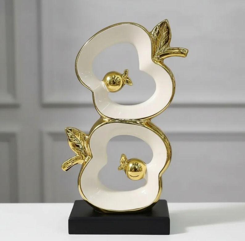 Figura Decorativa Diseños Piña/manzana Cerámica Dorado Y Esmalte Blanco-6