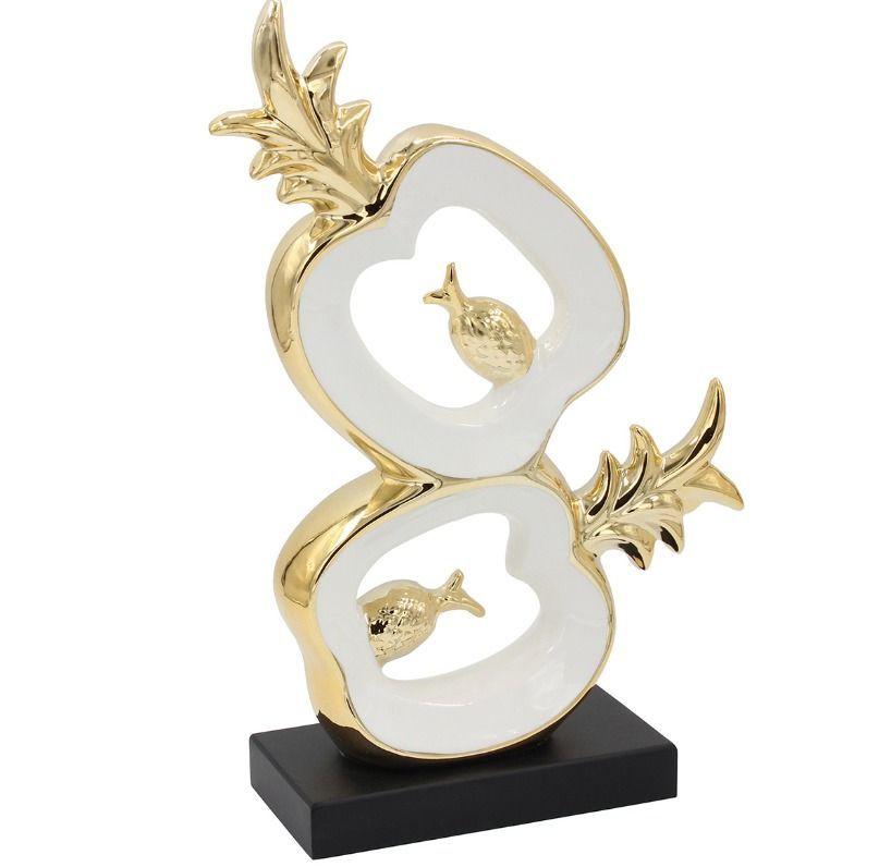 Figura Decorativa Diseños Piña/manzana Cerámica Dorado Y Esmalte Blanco-2