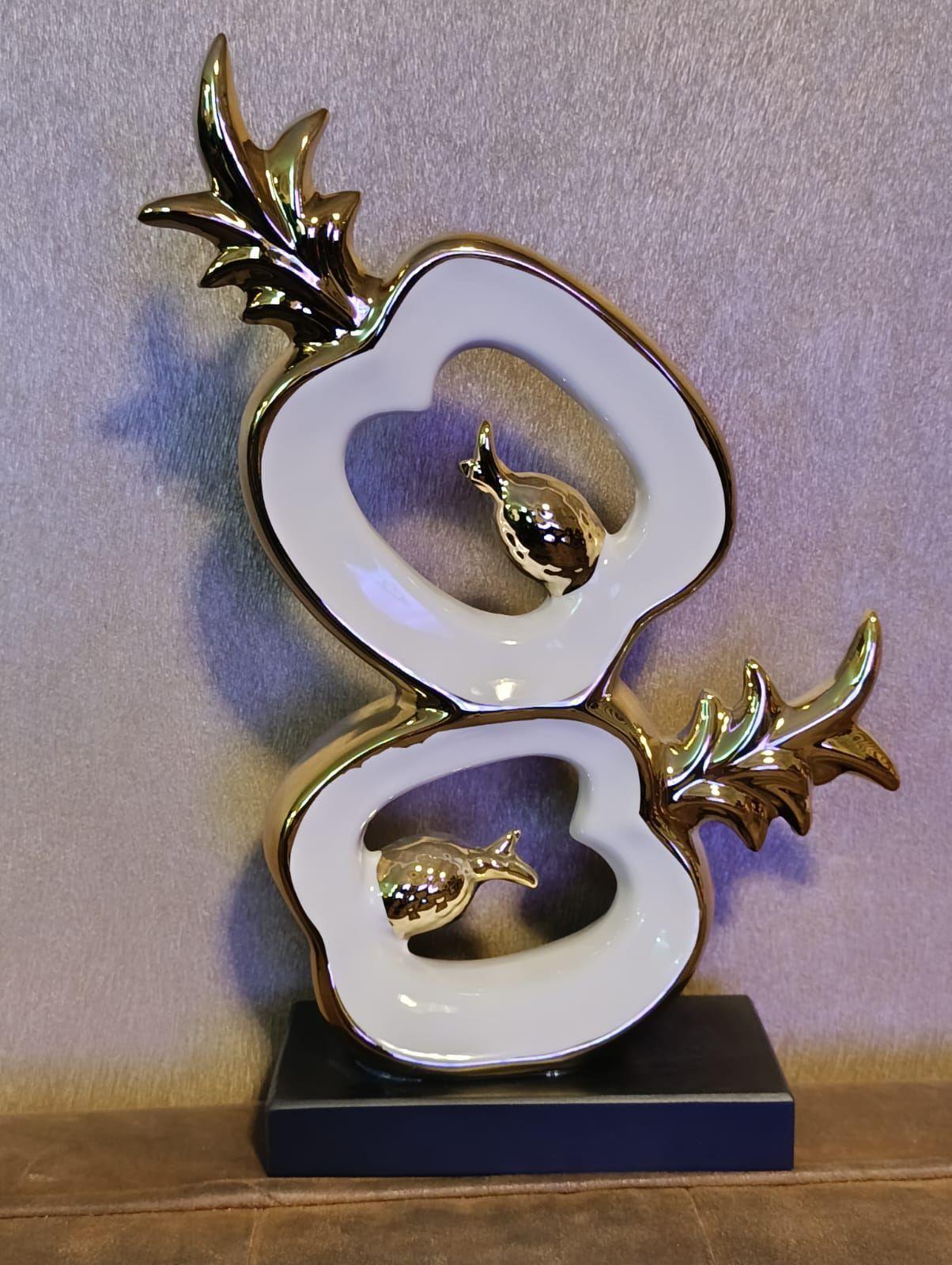 Figura Decorativa Diseños Piña/manzana Cerámica Dorado Y Esmalte Blanco-3