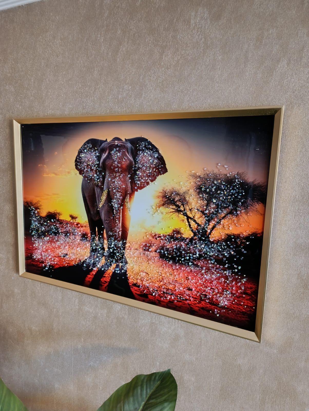 Cuadro Elefante Atardecer En África Pintura Diamon 91x61x3cm Dorado/multicolor Dorado-4