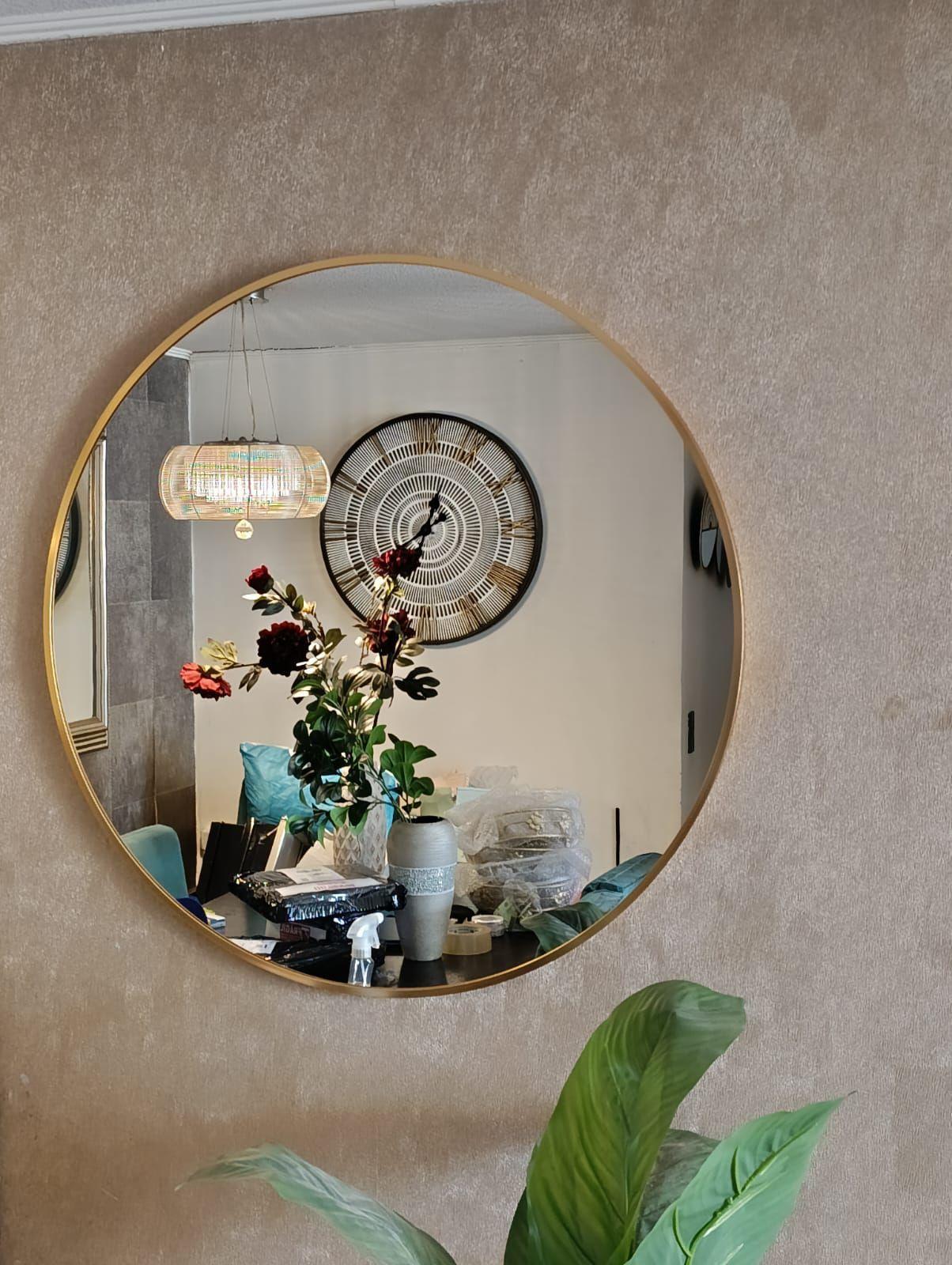 Espejo Circular 80 Cm Ø, Marco Metal Cepillado, Dorado/negro-5