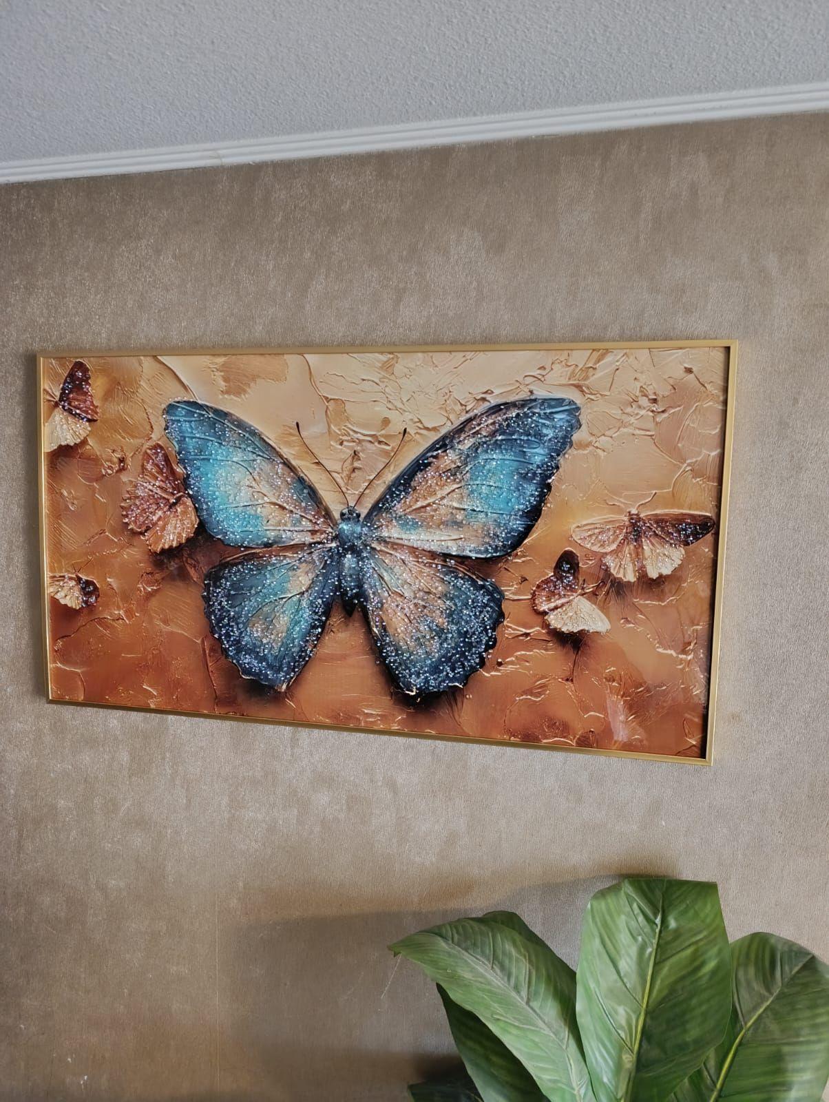 Cuadro Mariposa Multicolor Diamante Marco Dorado 110x60x3cm Mod 2-2