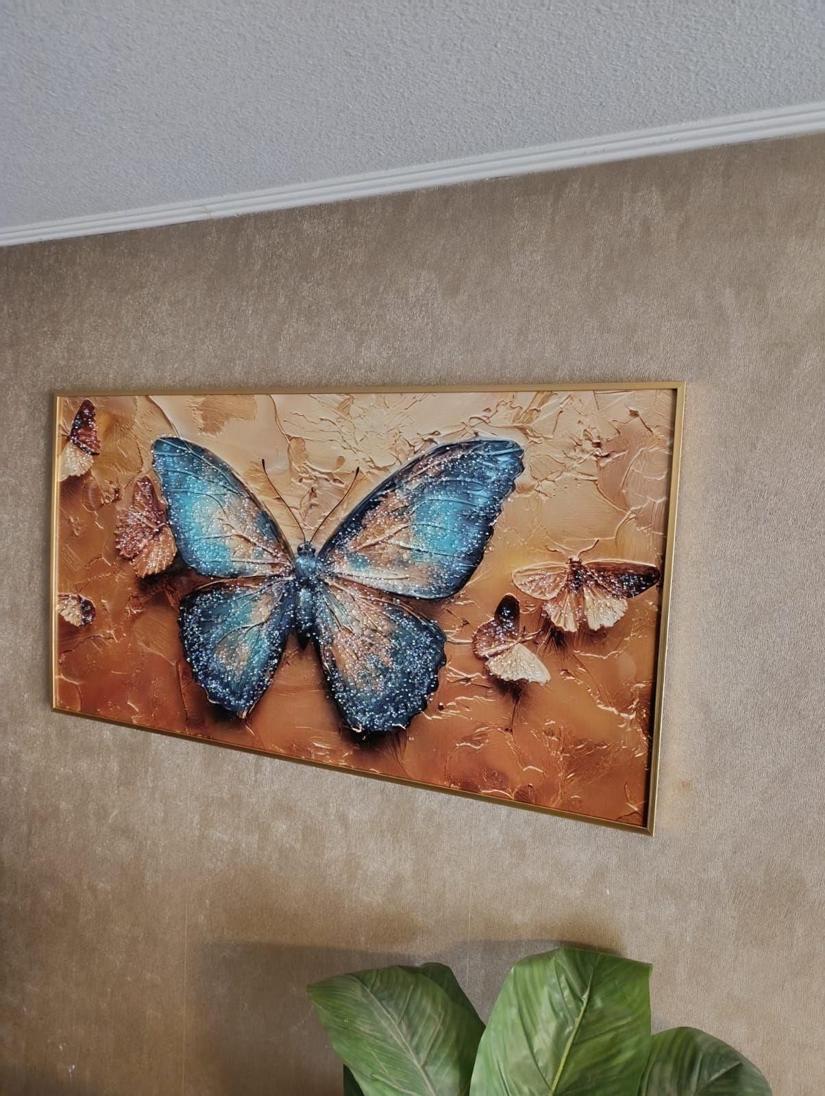 Cuadro Mariposa Multicolor Diamante Marco Dorado 110x60x3cm Mod 2-3