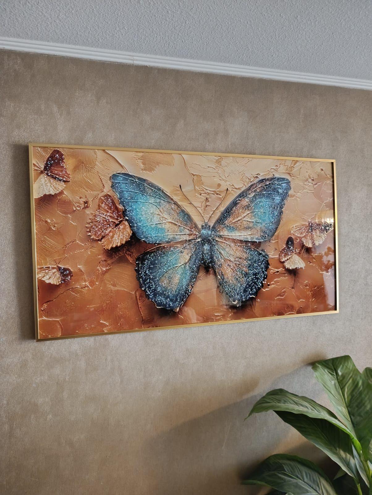 Cuadro Mariposa Multicolor Diamante Marco Dorado 110x60x3cm Mod 2-4