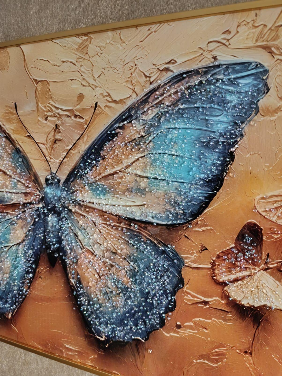 Cuadro Mariposa Multicolor Diamante Marco Dorado 110x60x3cm Mod 2-5