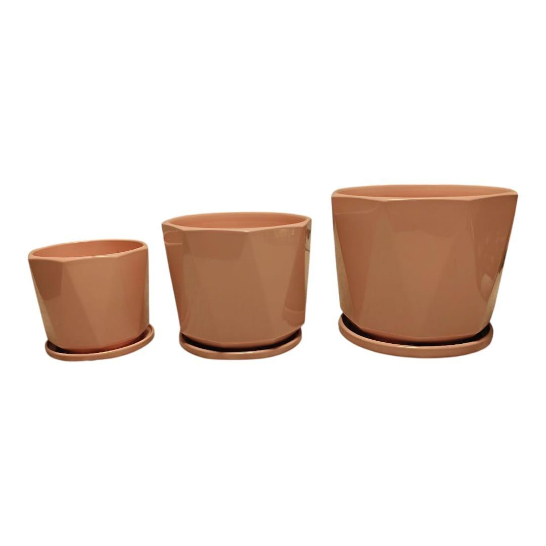 Set De 3 Maceteros Ceramica Con Plato Color Rosado Pink Edition -0